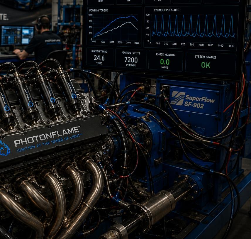 PhotonFlame-branded engine on a SuperFlow dyno test rig, with live telemetry showing power and torque curves, cylinder pressure, ignition timing, and system status
