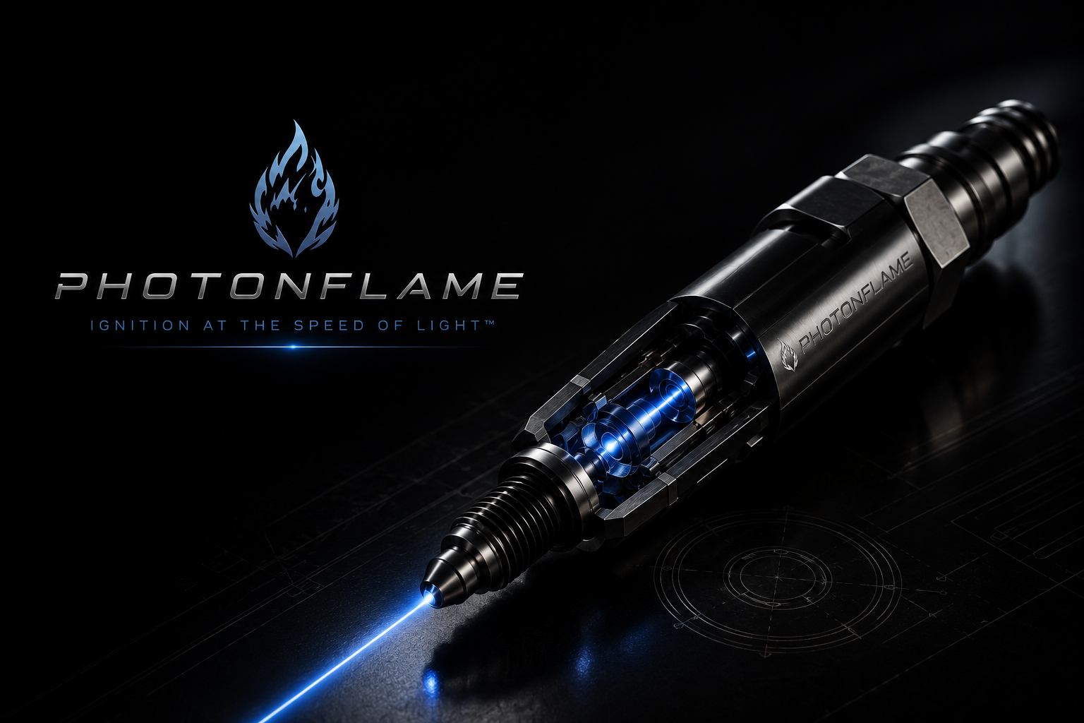 PhotonFlame photonic ignition unit, a spark-plug-compatible module with an internal laser beam path shown in cutaway